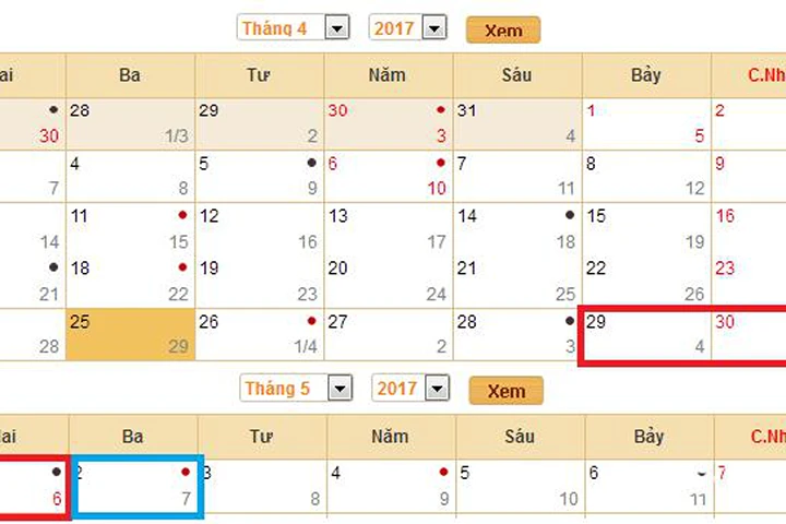 Lịch nghỉ Lễ 30/4 và 1/5