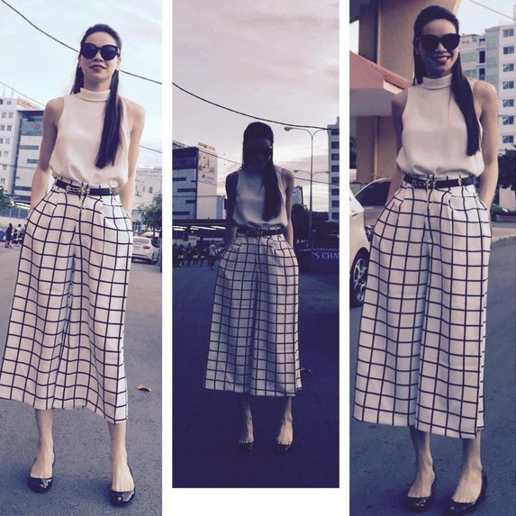 Chiếc quần họa tiết cửa sổ được cô mix hợp lý cùng áo khoét nách và giày bệt hết sức trẻ trung. Những set đồ đen-trắng gây thương nhớ của Hà Hồ
