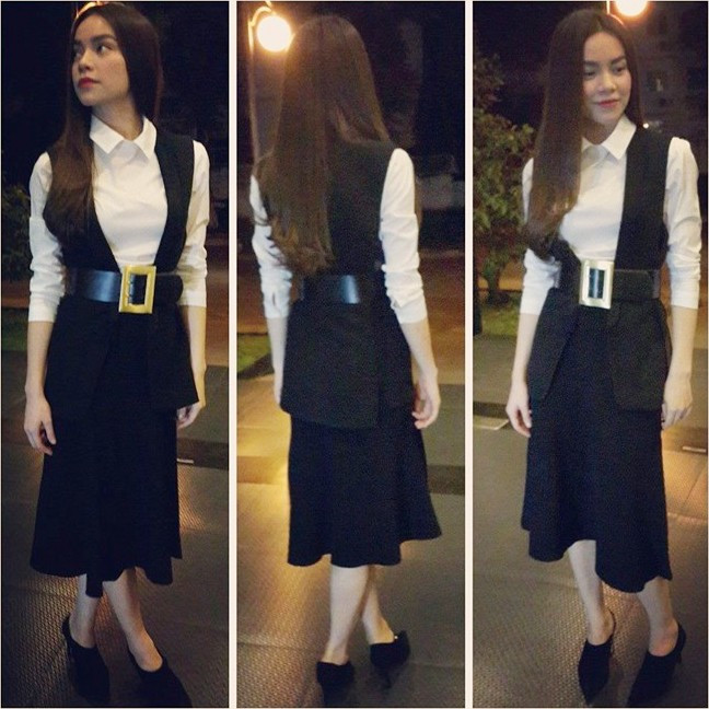Gợi ý khéo léo để làm mới váy midi và sơ mi trắng với chiếc thắt lưng bản lớn bắt mắt. Những set đồ đen-trắng gây thương nhớ của Hà Hồ