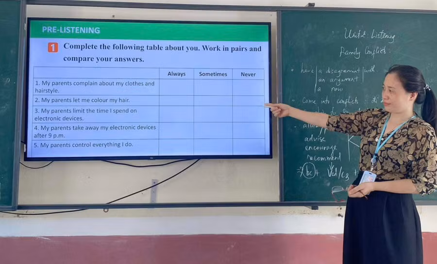 Một tiết dạy tiếng Anh sử dụng CNTT của cô giáo Lê Thị Hà Giang (Trường THPT Hồng Lĩnh). Ảnh: TG