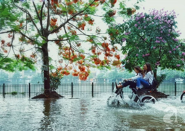 Thật bất ngờ: Mặc kệ đường ngập sau mưa, chị em Hà Nội vẫn tươi cười “vượt lũ“