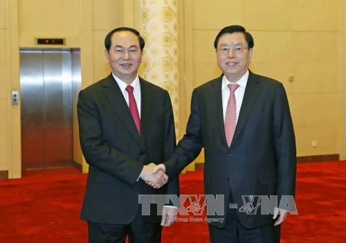 Chủ tịch nước Trần Đại Quang và Ủy viên trưởng Ủy ban Thường vụ Đại hội Đại biểu nhân dân toàn quốc (Nhân đại) Trung Quốc Trương Đức Giang. Ảnh: TTXVN