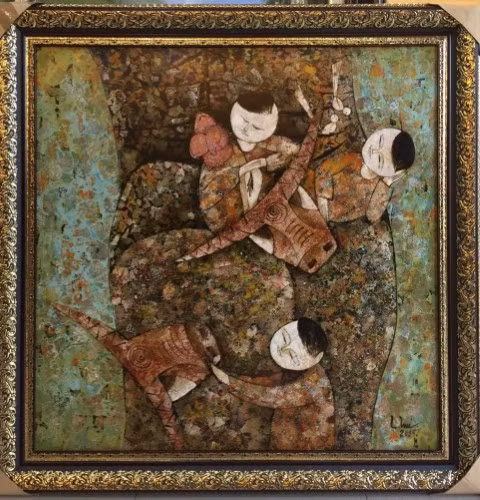 Bức tranh sơn mài của hoạ sĩ Lê Huế do nhạc sĩ Quốc Trung tổ chức đấu giá được 56 triệu đồng.