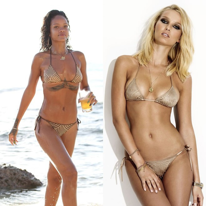 Năm 2014, hãng Charlie by Matthew Zink sản xuất mẫu bikini màu đồng thiếc phiên bản giới hạn (chỉ có 10 sản phẩm). Mỗi bộ áo tắm được dát khoảng 2.600 viên đá Swarovski với giá 990 USD. Nữ ca sĩ Rihanna mặc bộ bikini này khi đi nghỉ ở đảo Barbados. Ảnh: hausofrihanna Nội y làm từ vàng ròng, kim cương độc đáo