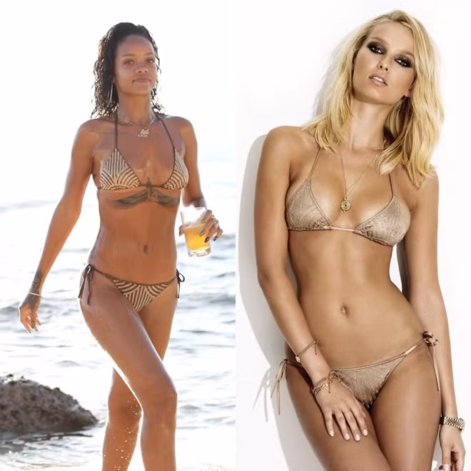 Năm 2014, hãng Charlie by Matthew Zink sản xuất mẫu bikini màu đồng thiếc phiên bản giới hạn (chỉ có 10 sản phẩm). Mỗi bộ áo tắm được dát khoảng 2.600 viên đá Swarovski với giá 990 USD. Nữ ca sĩ Rihanna mặc bộ bikini này khi đi nghỉ ở đảo Barbados. Ảnh: hausofrihanna Nội y làm từ vàng ròng, kim cương độc đáo