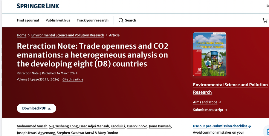 Nhà xuất bản Springer thông báo về việc rút bài báo đối với nhóm tác giả. Ảnh: ITN