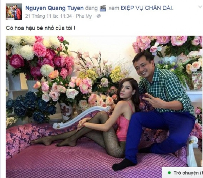 Hình ảnh Kỳ Hân thân mật với đạo diễn Nguyễn Quang Tuyến được đạo diễn này đăng trên trang cá nhân của mình. Nguyen Quang Tuyen Fb post