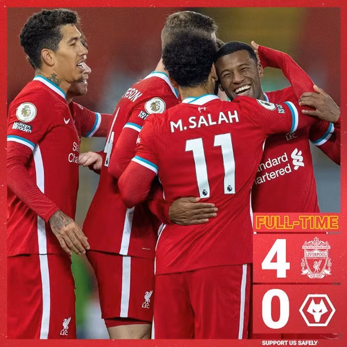 Liverpool giành chiến 4-0 trước Wolves tiếp tục bám đuổi sít sao với Spurs.