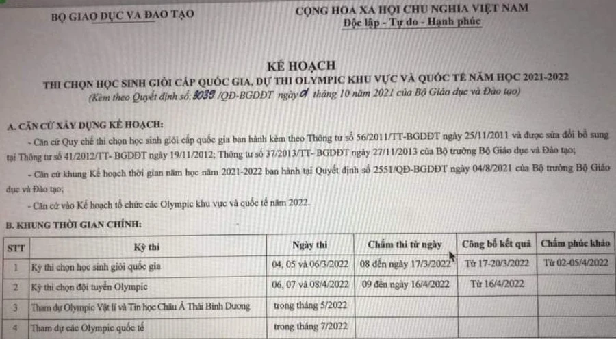 Thi chọn học sinh giỏi quốc gia năm học 2021-2022 vào tháng 3/2022