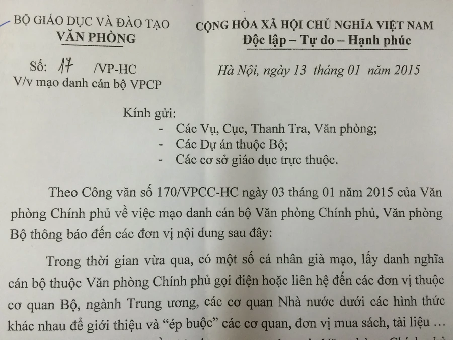 Cảnh báo việc mạo danh cán bộ Văn phòng Chính phủ