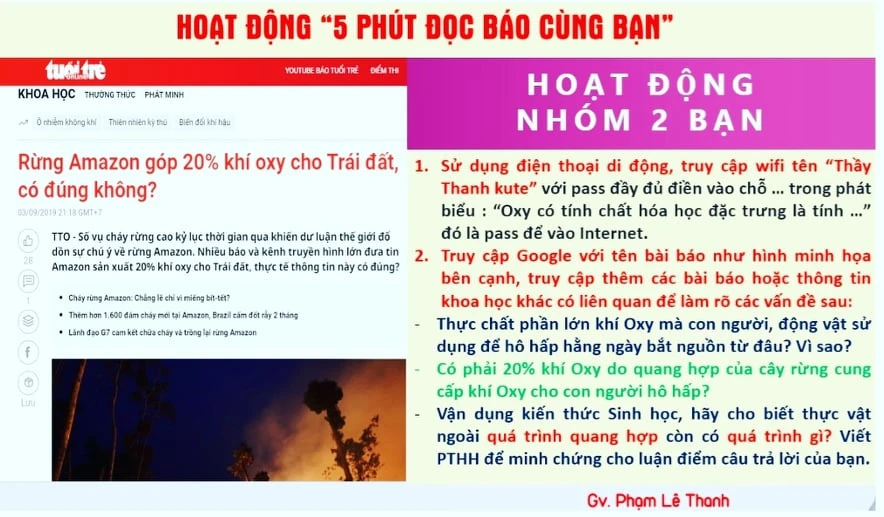 Hoạt động "5 phút đọc báo cùng bạn" được thầy Phạm Lê Thanh triển khai. Ảnh chụp màn hình 