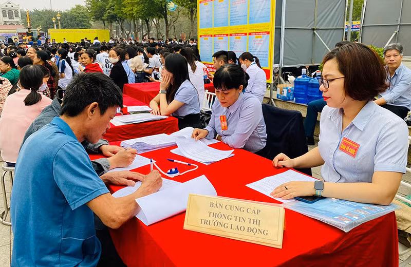 Người lao động tìm việc ở phiên giao dịch và tư vấn việc làm tại thị xã Sơn Tây (Hà Nội).