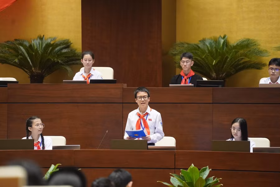 Đặng Cát Tiên (hàng sau, bên trái) đang điều hành phiên họp giả định "Quốc hội trẻ em" với vai trò là Chủ tịch Quốc hội. (Ảnh: NVCC)