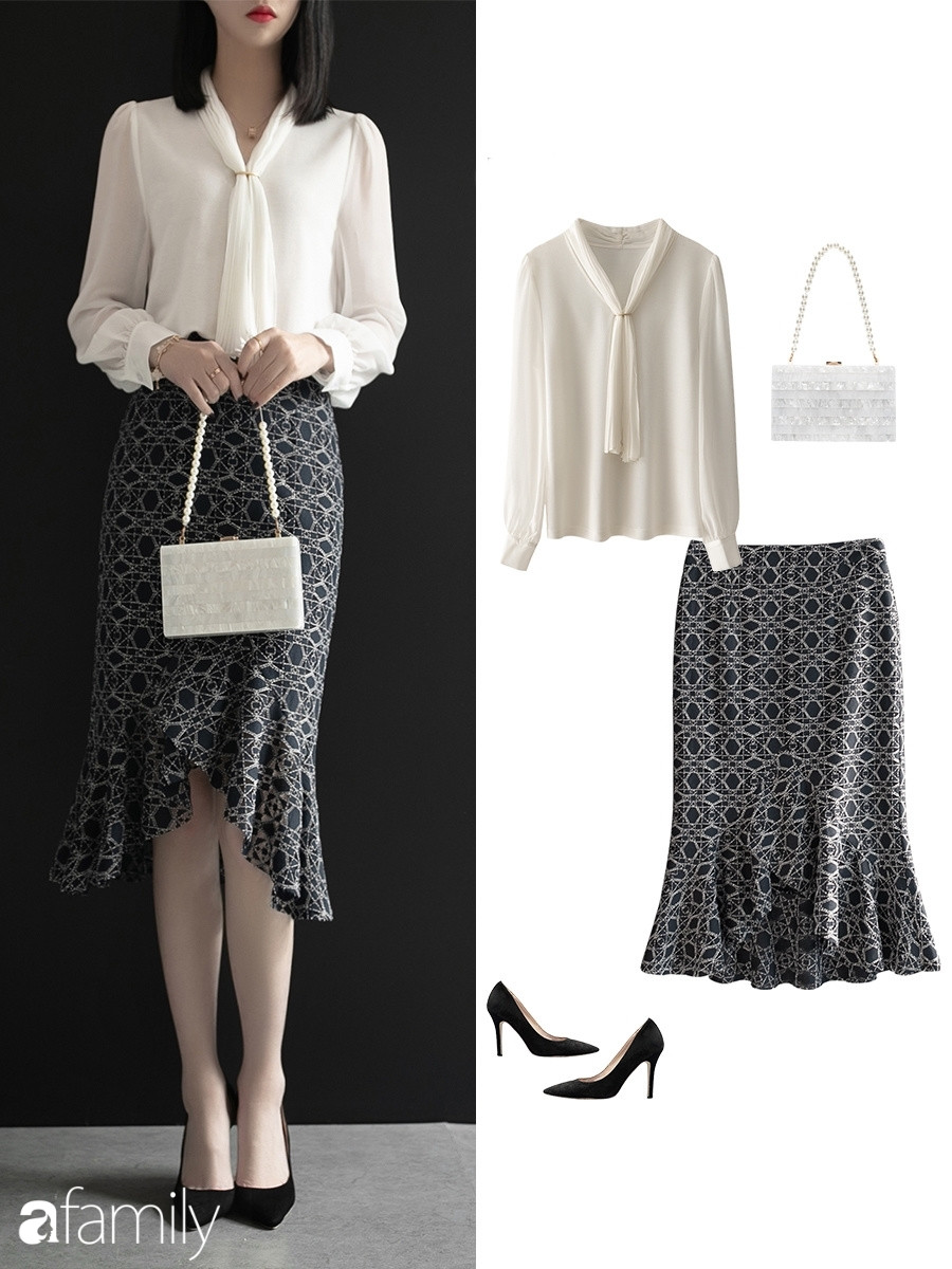 Gợi ý 10 set đồ công sở với chân váy ngang gối - Ảnh 6. Gợi ý 10 set đồ công sở với chân váy ngang gối - Ảnh 6.