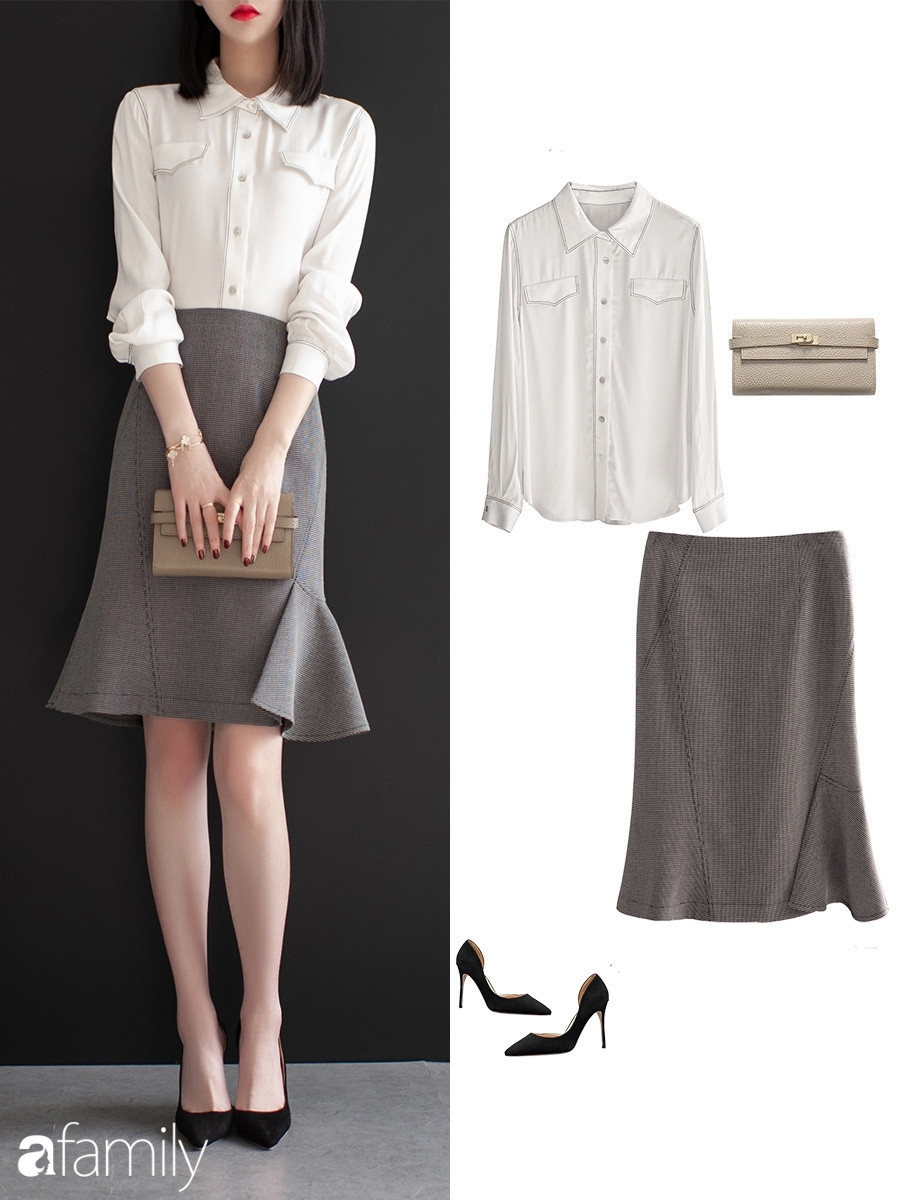 Gợi ý 10 set đồ công sở với chân váy ngang gối - Ảnh 9. Gợi ý 10 set đồ công sở với chân váy ngang gối - Ảnh 9.