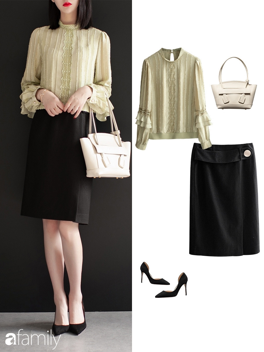 Gợi ý 10 set đồ công sở với chân váy ngang gối - Ảnh 10. Gợi ý 10 set đồ công sở với chân váy ngang gối - Ảnh 10.