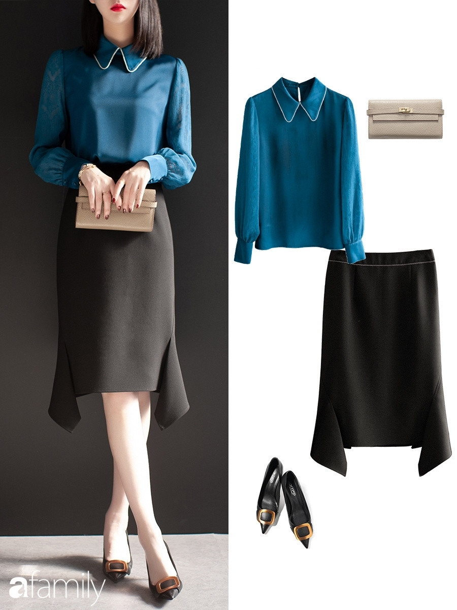 Gợi ý 10 set đồ công sở với chân váy ngang gối - Ảnh 3. Gợi ý 10 set đồ công sở với chân váy ngang gối - Ảnh 3.