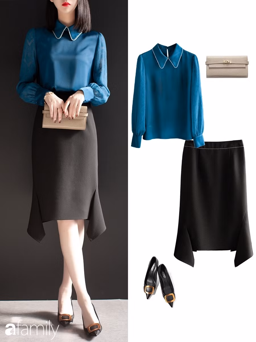 Gợi ý 10 set đồ công sở với chân váy ngang gối - Ảnh 3.