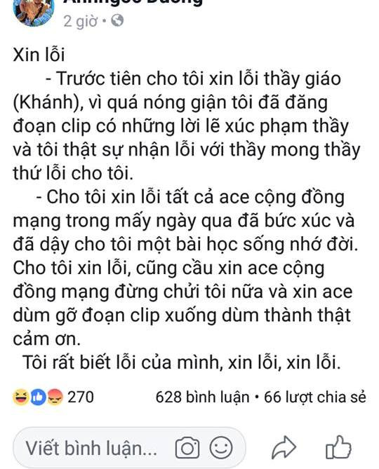 Gần 1 giờ ngày 5/12, phụ huynh đã viết status xin lỗi thầy K. và cộng đồng mạng trên Facebook cá nhân Gần 1 giờ ngày 5/12, phụ huynh đã viết status xin lỗi thầy K. và cộng đồng mạng trên Facebook cá nhân