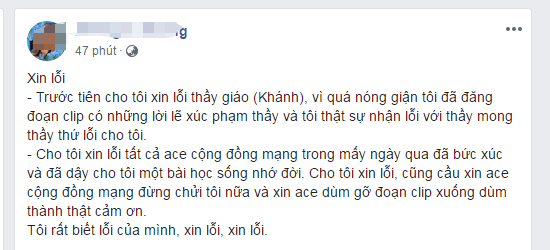 Gần 1 giờ ngày 5/12, nữ phụ huynh đã viết status xin lỗi thầy và cộng đồng mạng trên Facebook cá nhân Gần 1 giờ ngày 5/12, nữ phụ huynh đã viết status xin lỗi thầy và cộng đồng mạng trên Facebook cá nhân