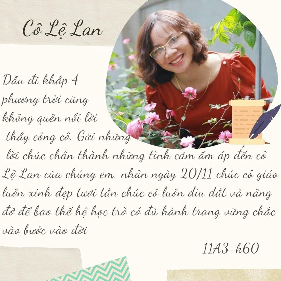 Những tình cảm mà học sinh dành cho cô Nguyễn Lệ Lan được trân trọng ghi trong thiệp chúc mừng tự thiết kế.