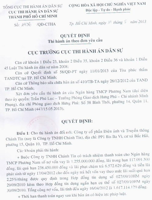 Bản scan Quyết định thi hành án trên Facebook ông Quân Anh Bản scan Quyết định thi hành án trên Facebook ông Quân Anh