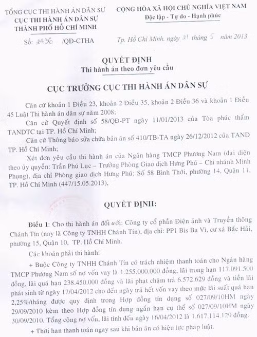 Bản scan Quyết định thi hành án trên Facebook ông Quân Anh
