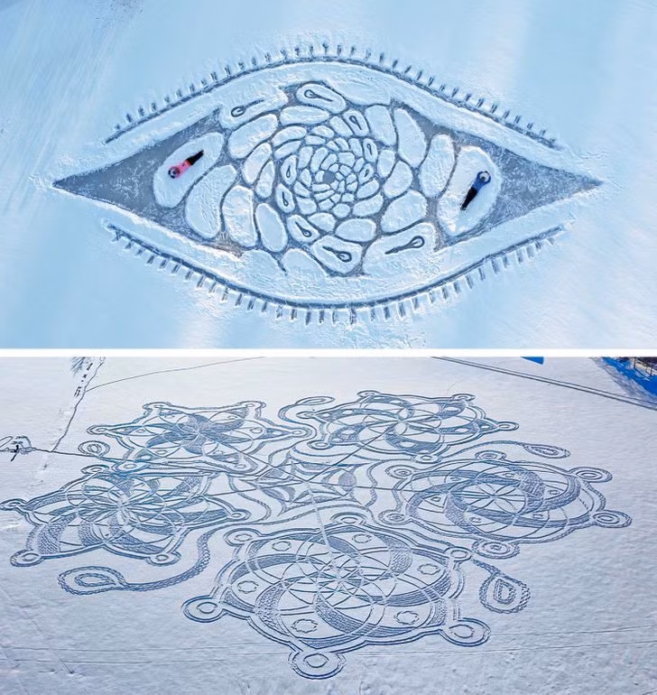 Vào mùa đông, khi các hồ được bao phủ bởi băng, bạn có thể sử dụng nó như một bức tranh khổng lồ cho các bức vẽ bằng tuyết của mình. Nhà tư vấn CNTT Janne Pyykkö là người phát minh ra loại hình nghệ thuật này và anh ấy đã cùng bạn bè của mình tạo ra những bức vẽ khổng lồ trên các hồ ở Phần Lan.