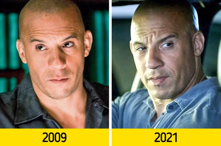 Vin Diesel: Anh chàng điển trai Vin Diesel, hay còn được biết đến với cái tên Dominic Toretto trong The Fast and the Furious, cũng không biết già đi là gì. Anh ta dường như có thêm một vài nếp nhăn trong phần thứ 9 của loạt phim so với phần thứ 4, nhưng chúng chỉ khiến anh ta trông đẹp hơn.