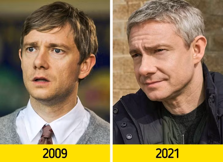 Martin Freeman: Martin Freeman sẽ không già đi nếu như mái tóc của anh chưa bị bạc. Nhìn nhan sắc của anh lúc 38 tuổi khi đóng "Nativity" không thay đổi so với hình ảnh trong "Breeders" lúc anh 49 tuổi.