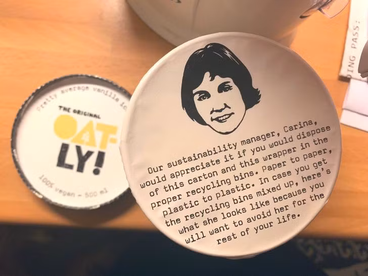 Ở Thụy Điển, bạn có thể nhận được lời nhắc trên một gói kem để tái chế nó sau khi sử dụng.