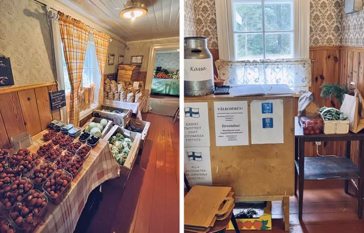 Cửa hàng nông sản không có nhân viên bán hàng. Ở Phần Lan, mọi người rất tin tưởng lẫn nhau và những cửa hàng như này sẽ chứng minh cho việc ở đây không có nhân viên bán hàng. Bạn chỉ cần ghi lại các giao dịch mua của mình trong nhật ký đặc biệt, và sau đó bỏ tiền mặt vào bình hoặc thanh toán trực tuyến.