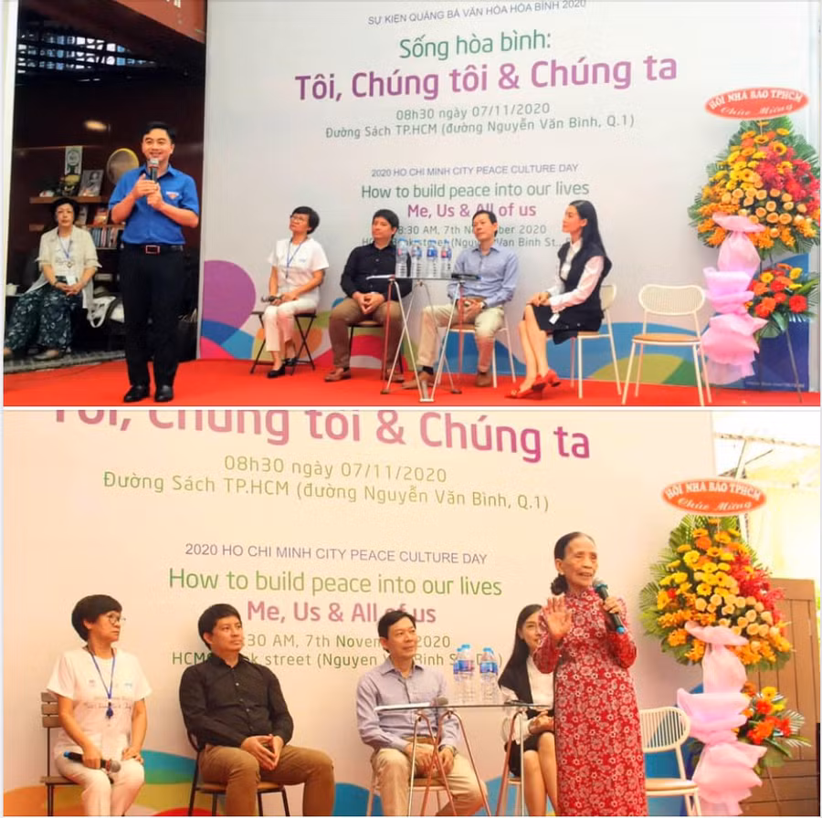 Bí thư Tỉnh Đoàn Bình Phước Trần Quốc Duy (đang đứng - hình trên) chia sẻ vai trò của người trẻ khi Tổ quốc cần, nhất là trong 02 mùa dịch và “tiếp sức” vùng lũ trong khi Nghệ nhân ẩm thực cung đình Huế Hoàng Thị Ngọc Thương (đang đứng - hình dưới) khẳng định dân tộc Việt luôn đoàn kết để cùng vượt những “đại nạn” và mong muốn sống hòa bình.