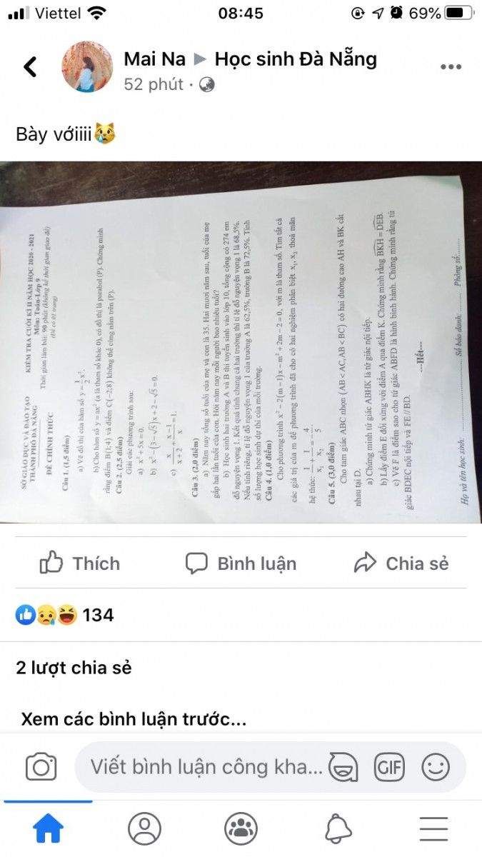 Đề kiểm tra cuối học kỳ II môn Toán lớp 9 của Sở GD&ĐT Đà Nẵng được đăng tải trên mạng xã hội sau khi HS làm bài được khoảng 30 phút.