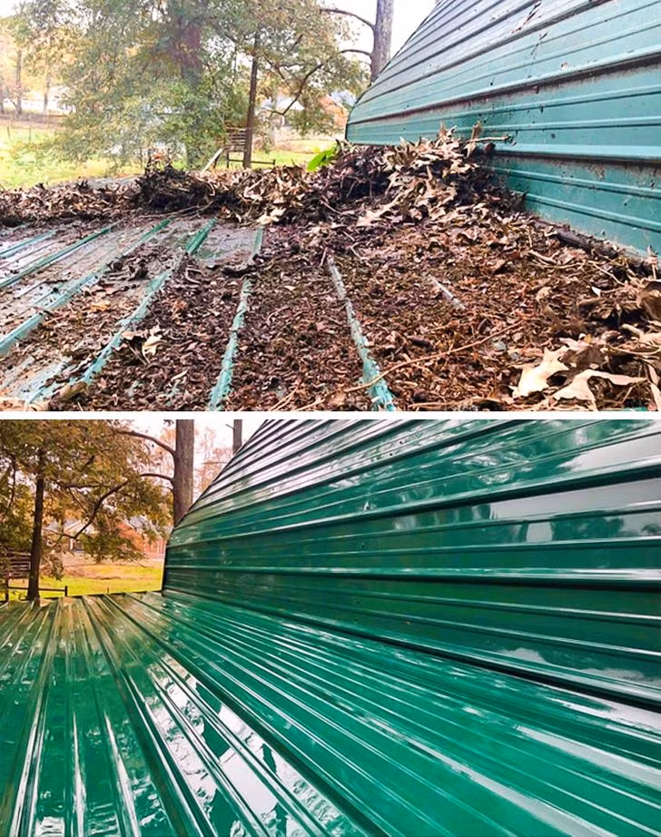 Tấm tôn xanh được làm sạch sáng bóng sau khi bị phủ đầy lá cây và bụi bẩn.