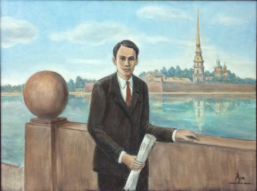 Tranh: Nguyễn Ái Quốc - Hồ Chí Minh tới Petrogra tháng 6.1923.