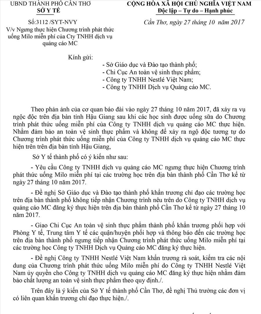 Công văn của Sở Y tế TP Cần Thơ Công văn của Sở Y tế TP Cần Thơ