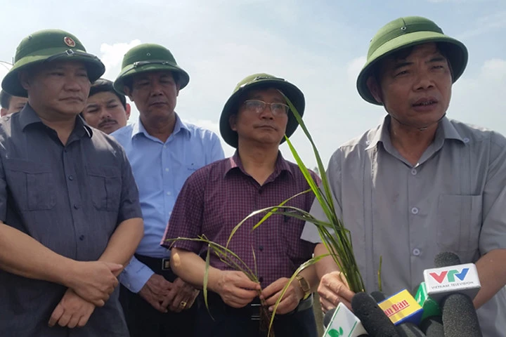 Bộ trưởng NN&PTNT Nguyễn Xuân Cường (ngoài cùng bên phải) yêu cầu các địa phương khẩn trương bơm tiêu nước. Ảnh: Nam Khánh.