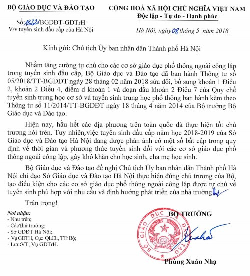 Công văn Bộ GD&ĐT gửi Chủ tịch UBND thành phố Hà Nội đề nghị chỉ đạo Sở GD&ĐT Hà Nội thực hiện đúng chủ trương của Bộ về tuyển sinh đầu cấp. Công văn Bộ GD&ĐT gửi Chủ tịch UBND thành phố Hà Nội đề nghị chỉ đạo Sở GD&ĐT Hà Nội thực hiện đúng chủ trương của Bộ về tuyển sinh đầu cấp.