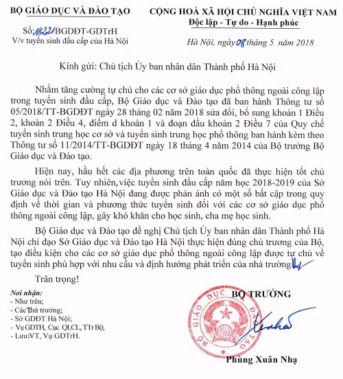 Công văn Bộ GD&ĐT gửi Chủ tịch UBND thành phố Hà Nội đề nghị chỉ đạo Sở GD&ĐT Hà Nội thực hiện đúng chủ trương của Bộ về tuyển sinh đầu cấp.