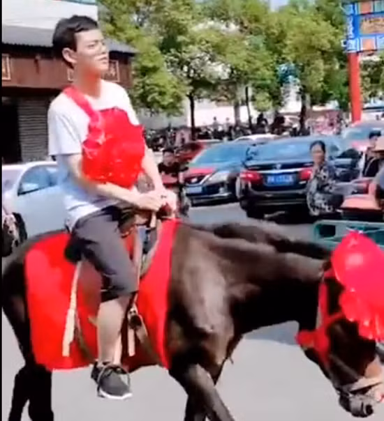 Nam sinh cưỡi ngựa trở về làng.