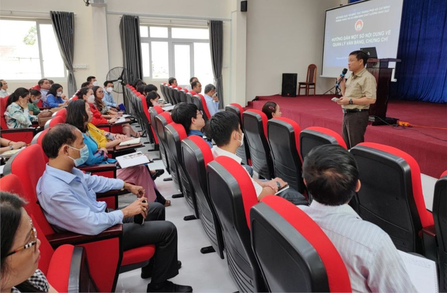Hội nghị tập huấn về công tác quản lý văn bằng, chứng chỉ do Bộ GD&ĐT tổ chức vào tháng 11/2022. Hội nghị tập huấn về công tác quản lý văn bằng, chứng chỉ do Bộ GD&ĐT tổ chức vào tháng 11/2022.