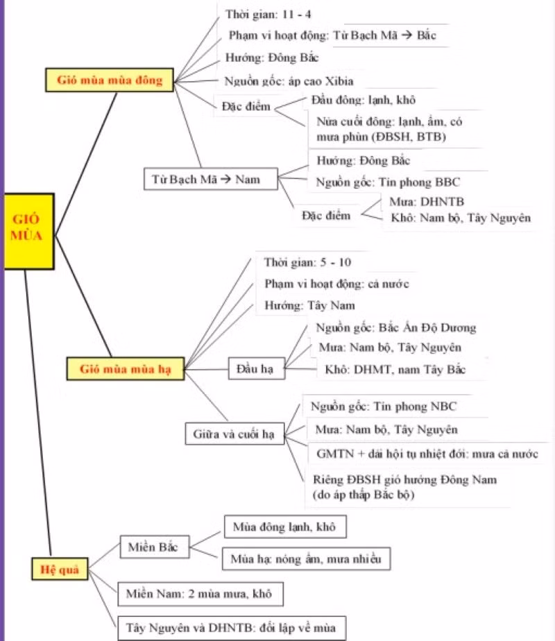 Sơ đồ tư duy nội dung kiến thức về gió mùa.