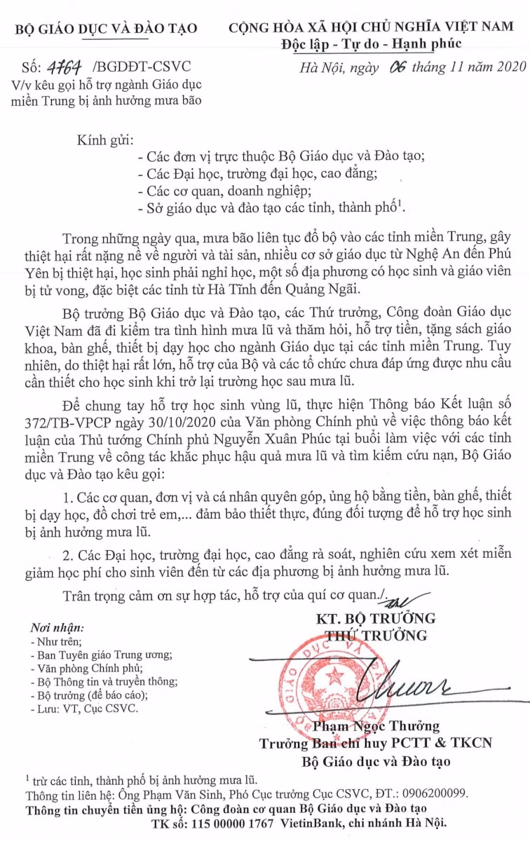 Bộ GD&ĐT kêu gọi hỗ trợ Giáo dục miền Trung bị ảnh hưởng bởi mưa bão ảnh 1