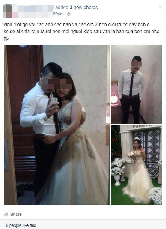 Cô gái mặc đồ cưới tự tử cùng bạn trai: “Chú rể” đã có vợ và con 7 tuổi! ảnh 1 Trước lúc uống thuốc độc, cả hai đã chụp ảnh selfie và đăng Facebook.