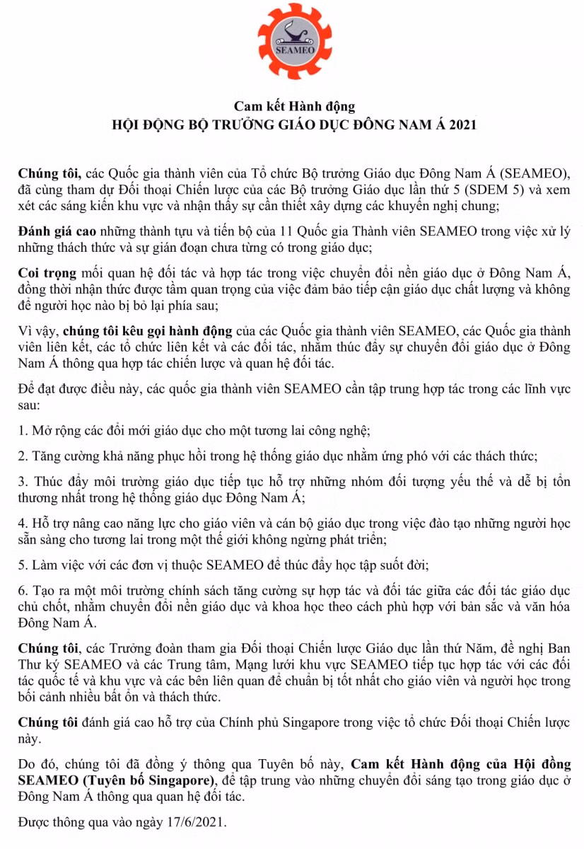 Cam kết hành động Hội đồng Bộ trưởng Giáo dục Đông Nam Á 2021