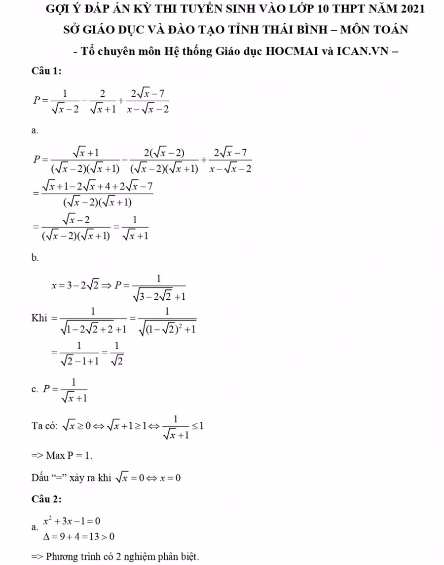 Thái Bình: Gợi ý giải bài thi môn Toán tuyển sinh vào lớp 10 THPT ảnh 2