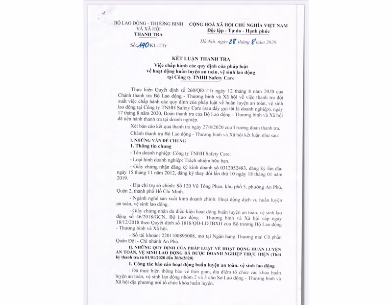Kết luận thanh tra sai phạm của một công ty mà Bộ LĐ,TB&XH vừa kiểm tra.