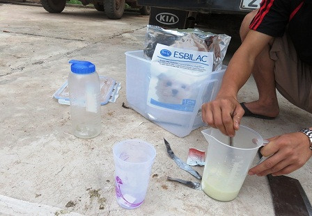 Khẩu phần ăn bao gồm sữa công thức và trái cây cắt nhỏ.