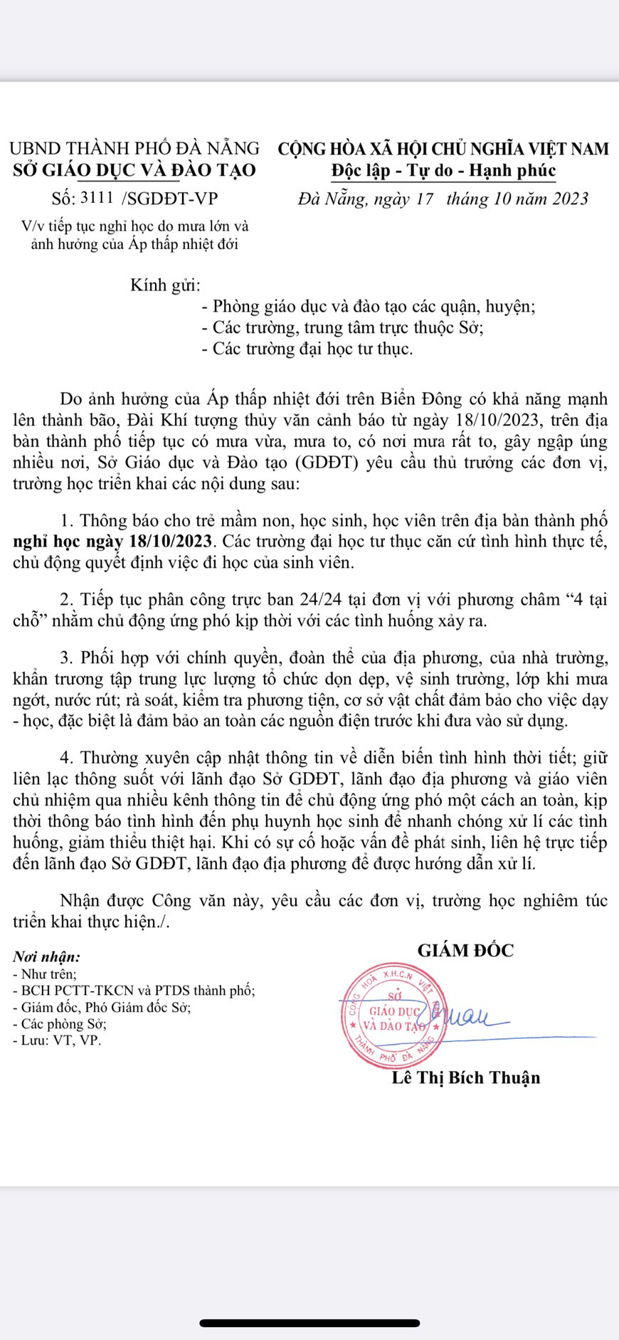 Công văn 3111 của Sở GD&ĐT Đà Nẵng về việc cho học sinh nghỉ học ngày 17/10/2023. Công văn 3111 của Sở GD&ĐT Đà Nẵng về việc cho học sinh nghỉ học ngày 17/10/2023.